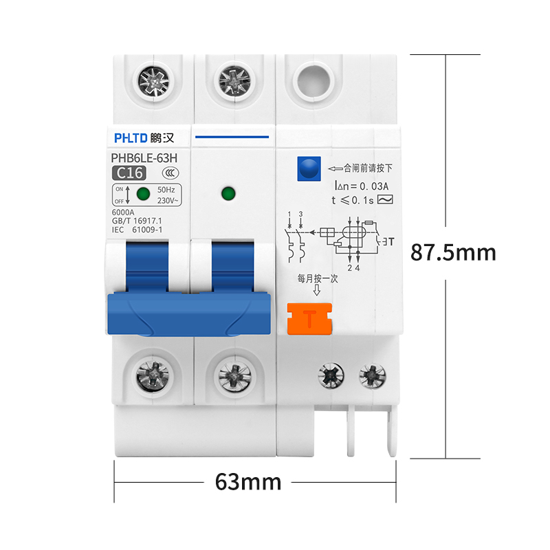 Disyuntor en miniatura de vía phltd 110v - 120v disponible, tamaño 2p16a 63x87,5 mm-