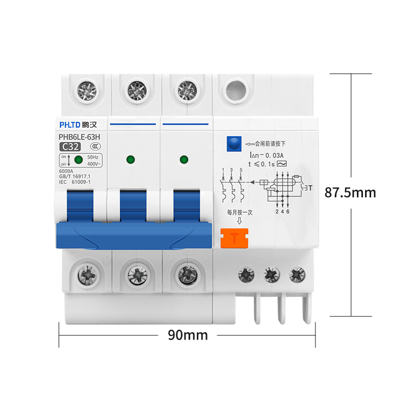 Disyuntor en miniatura de vía phltd 110v - 120v disponible, tamaño 3p32a 90x87,5 mm-