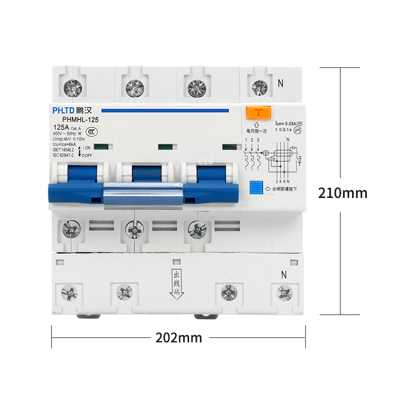 Disyuntor en miniatura de vía phltd 110v - 120v disponible, tamaño 4p + n125a 202x210mm-