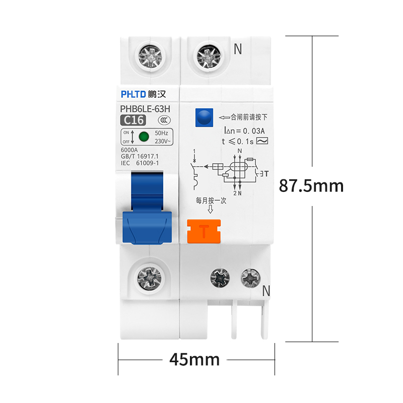 El disyuntor en miniatura de pista phltd 110v - 120v está disponible, tamaño 1P + n16a 45x87,5 mm-