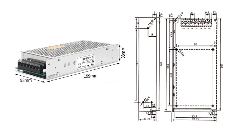 Fuente de alimentación de conmutación de la serie phltd SD SD - 100, 120, 150v dimensiones 199x98x38mm-