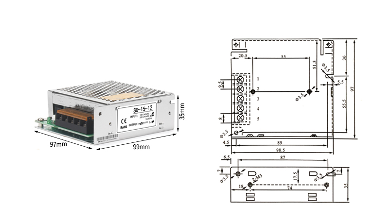 Fuente de alimentación de conmutación de la serie phltd SD SD - 15, tamaño 25v 99x97x35 mm-