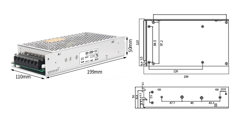 Fuente de alimentación de conmutación de la serie phltd SD SD - 200v tamaño 199x110x50mm-