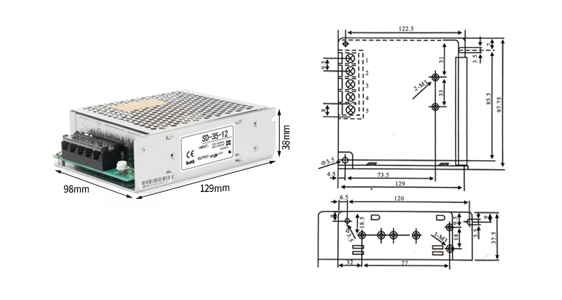 Fuente de alimentación de conmutación de la serie phltd SD SD - 35v tamaño 129x98x38mm-