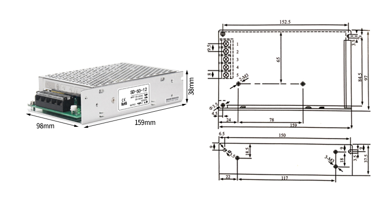 Fuente de alimentación de conmutación de la serie phltd SD SD - 50, 60, 75v dimensiones 159x98x38mm-