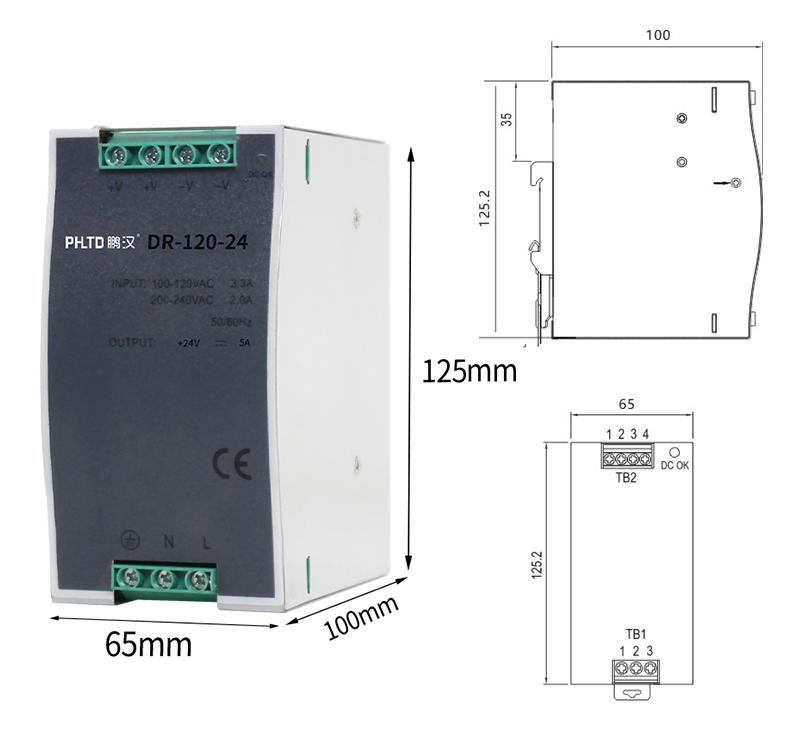 Fuente de alimentación del interruptor de la serie de guía phltd Dr 120w tamaño 65x125.2x100 mm-