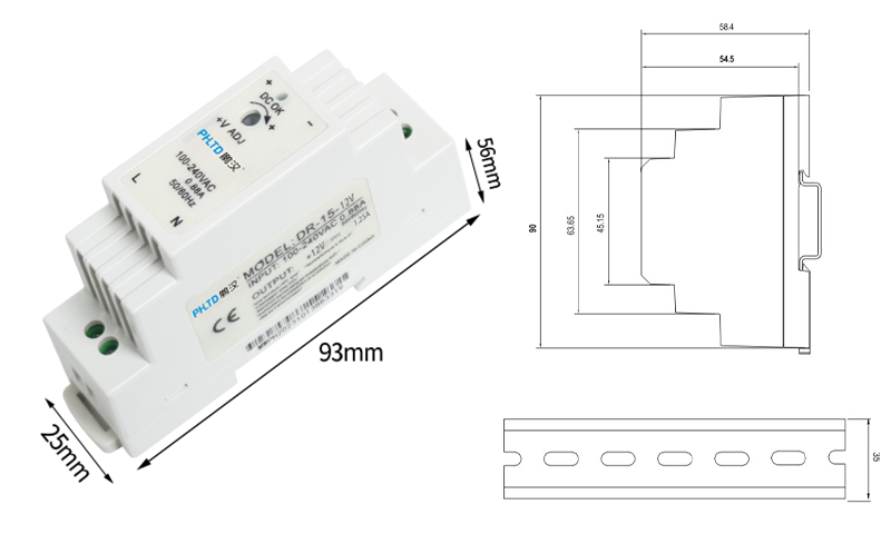 Fuente de alimentación del interruptor de la serie de guía phltd Dr 15w tamaño 25x93x56mm-