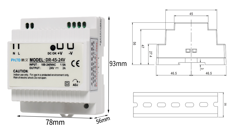 Fuente de alimentación del interruptor de la serie de guía phltd Dr 30, 45, 60W dimensiones 78x93x56mm-