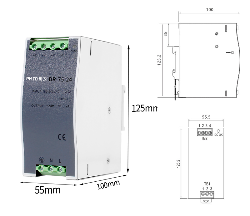 Fuente de alimentación del interruptor de la serie de guía phltd Dr 75w tamaño 55.5x125.2x100 mm-