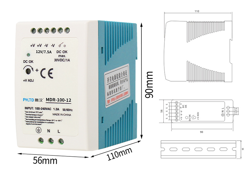 Fuente de alimentación del interruptor de la serie de guía phltd MDR 100W tamaño 56x110x90 mm-