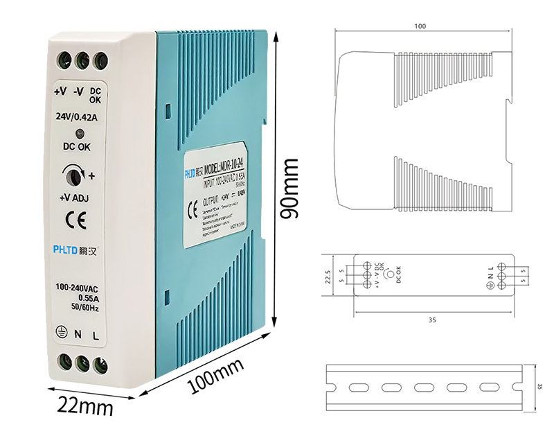 Fuente de alimentación del interruptor de la serie de guía phltd MDR 10w20w tamaño 22.5x90 x100 mm-