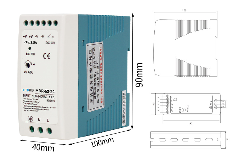 Fuente de alimentación del interruptor de la serie de guía phltd MDR 40w60w tamaño 40x90 x100 mm-