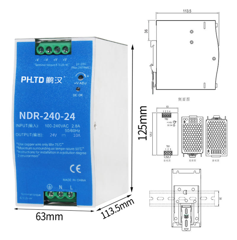 Fuente de alimentación del interruptor de la serie de guía phltd ndr 240w tamaño 63x113.5x125mm-