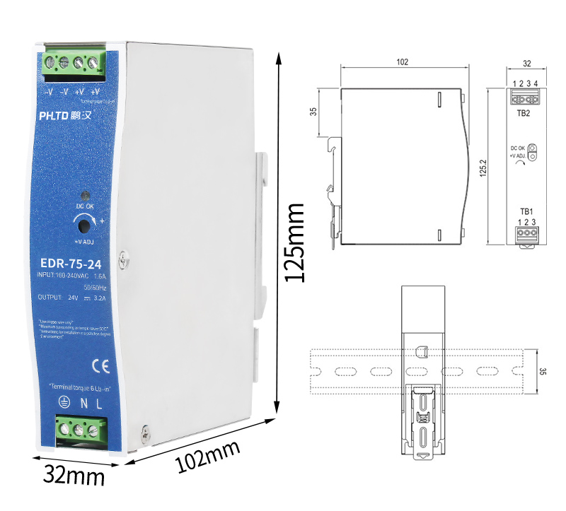 Fuente de alimentación del interruptor de la serie de guías EDR phltd 75w tamaño 32x125x102mm-