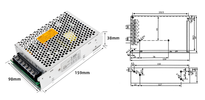 Tamaño T - 60v de la fuente de alimentación de salida de un solo grupo de phltd 159x98x38mm-