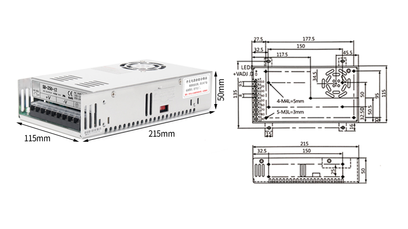 Tamaño de la fuente de alimentación del interruptor de la serie phltd SD SD - 250v 215x115x50mm-