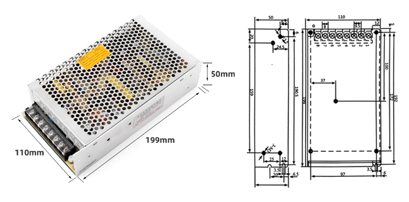 Tamaño de la serie q - 120 de la fuente de alimentación del interruptor de cuatro grupos de phltd DC 199x110x50mm-