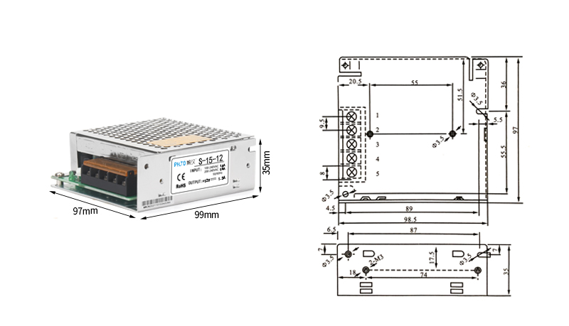 Visión general de las dimensiones de los productos S - 15 y S - 25 de las fuentes de alimentación de conmutación de la serie phltd s-