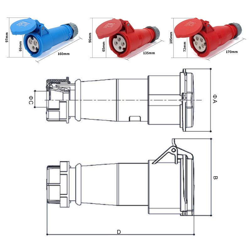 Conector industrial ip44 enchufe impermeable macho y hembra conector industrial de aviación 3 núcleo 4 núcleo 5 núcleo 32a tamaño-