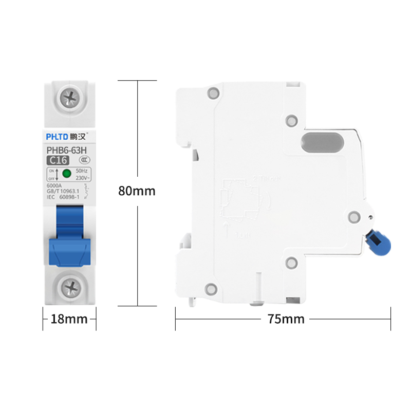 Disyuntor en miniatura de vía phltd, interruptor de aire, fuga de electricidad, sobrecarga, cortocircuito 110v120 v, tamaño 1p16a 18x80 mm-