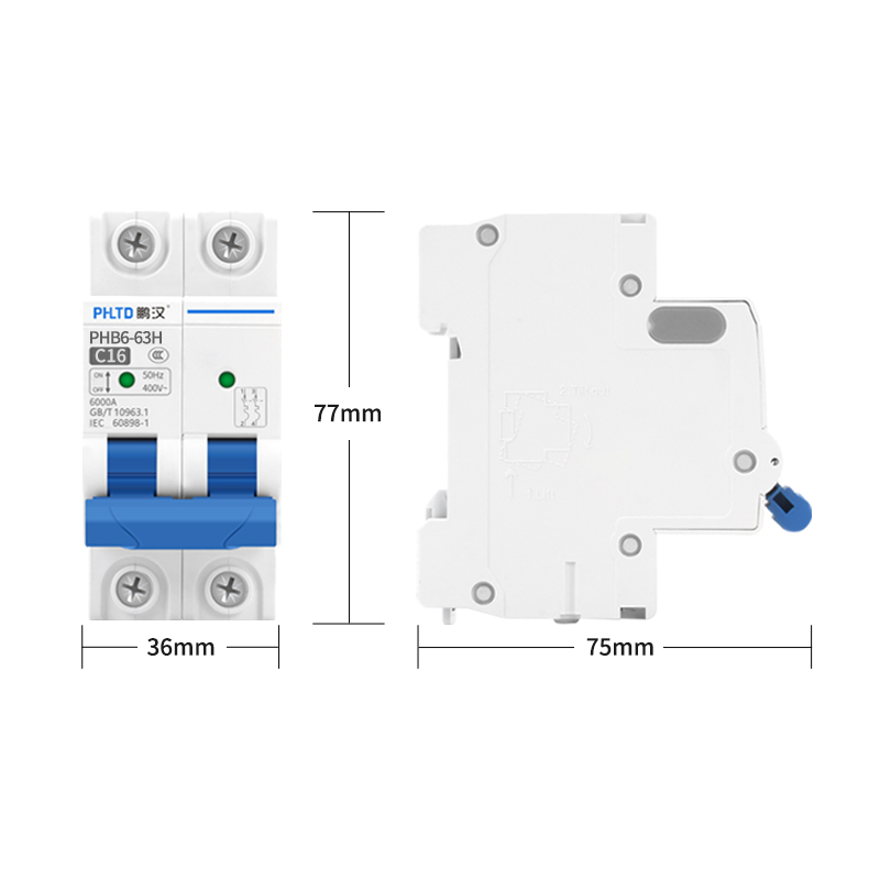 Disyuntor en miniatura de vía phltd, interruptor de aire, fuga de electricidad, sobrecarga, cortocircuito 110v120 v, tamaño 2p16a 36x77 mm-