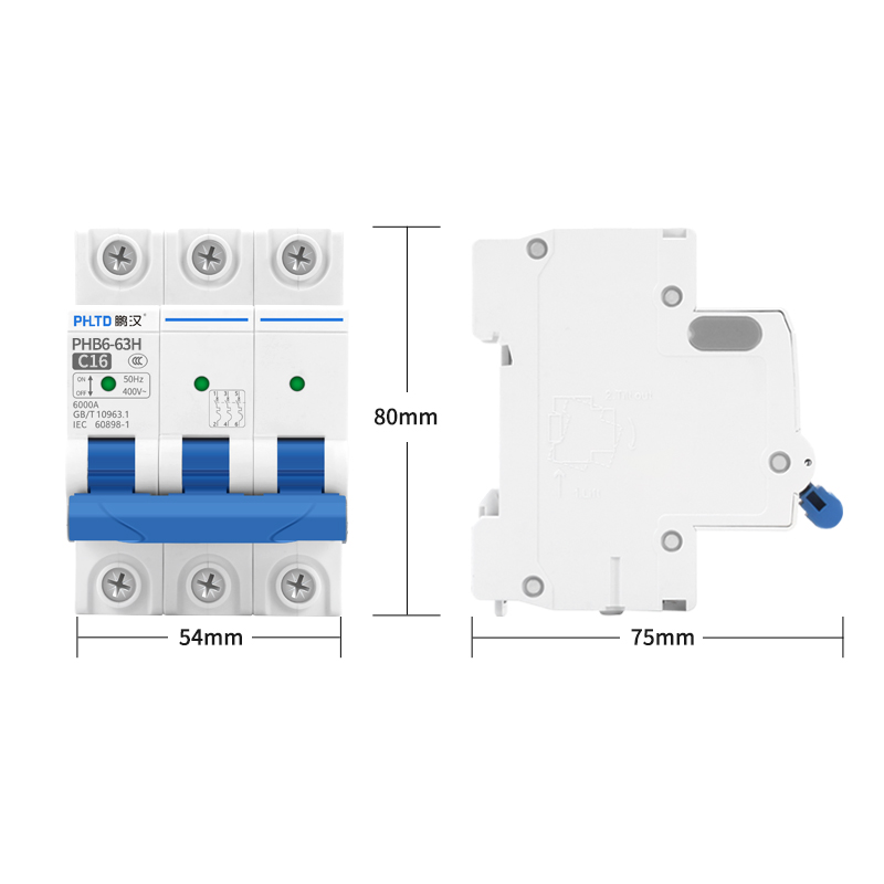 Disyuntor en miniatura de vía phltd, interruptor de aire, fuga de electricidad, sobrecarga, cortocircuito 110v120 v, tamaño 3p16a 54x80 mm-