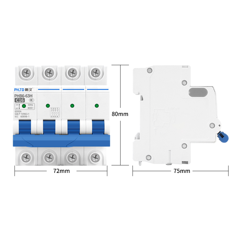 Disyuntor en miniatura de vía phltd, interruptor de aire, fuga de electricidad, sobrecarga, cortocircuito 110v120 v, tamaño 4p16a 72x80 mm-