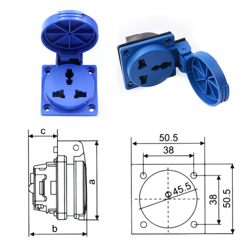 Enchufe multifuncional de tres agujeros phltd 16a impermeable de plástico civil 220V ip54 estándar nacional 10a estándar británico y europeo mapa de dimensiones generales-