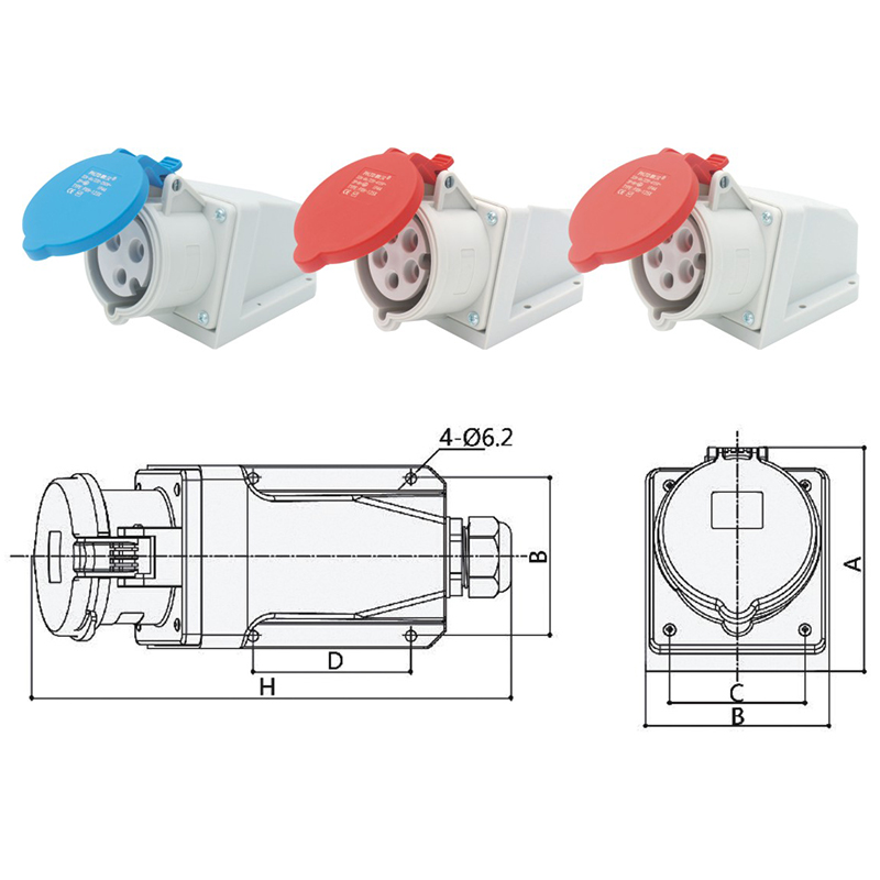 Figura de tamaño del enchufe de pared industrial de fuente de alimentación impermeable phltd de 3 núcleos, 4 núcleos y 5 núcleos 16a32a-