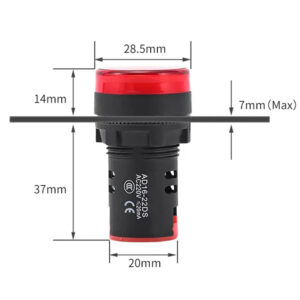 Diagrama de tamaño del indicador LED AD16 rojo, verde y amarillo de PHLTD